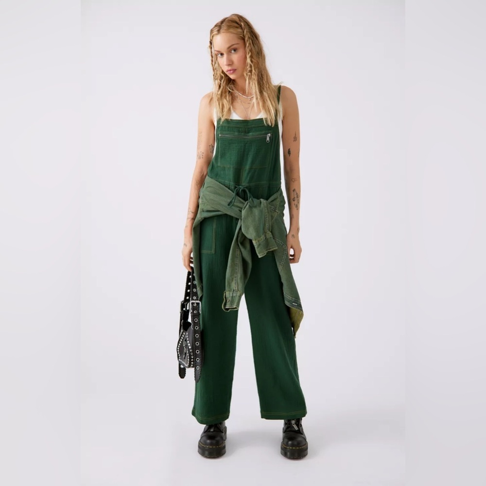 Urban Outfitters Tina Textured Cotton Gauzy Jumpsuit Forest Green Size Small